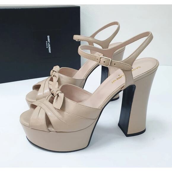 Saint Laurent Beige Leather Candy Bow Platform Sandals  Sz 40 - Picture 1 of 11